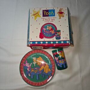 Disney Winnie the Pooh & Piglet Christmas Cookies Milk 2 Piece Set Plate Tumbler